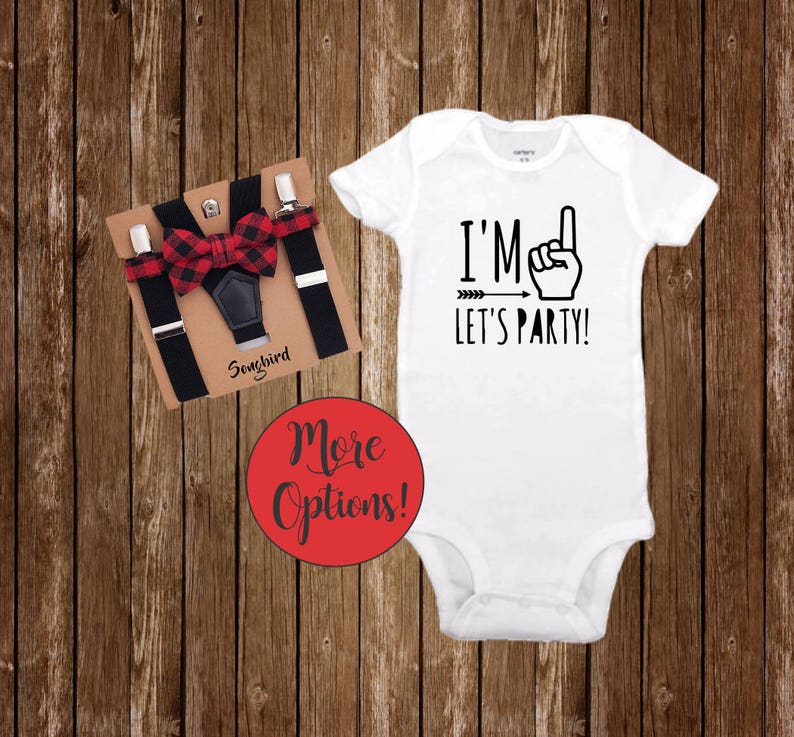 I'm 1 Let's Party Buffalo Plaid Bow Tie Suspenders 1st First Birthday Outfit Boy Lumberjack Party Red Black White Onesie® Cake Smash Boy image 3