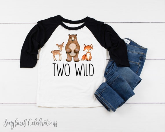Woodland Animals Two Wild 2nd Birthday Boy Shirt, Tee Shirt Second Birthday Two Wild Onesie® Black White Baseball Raglan Cake Smash Photos