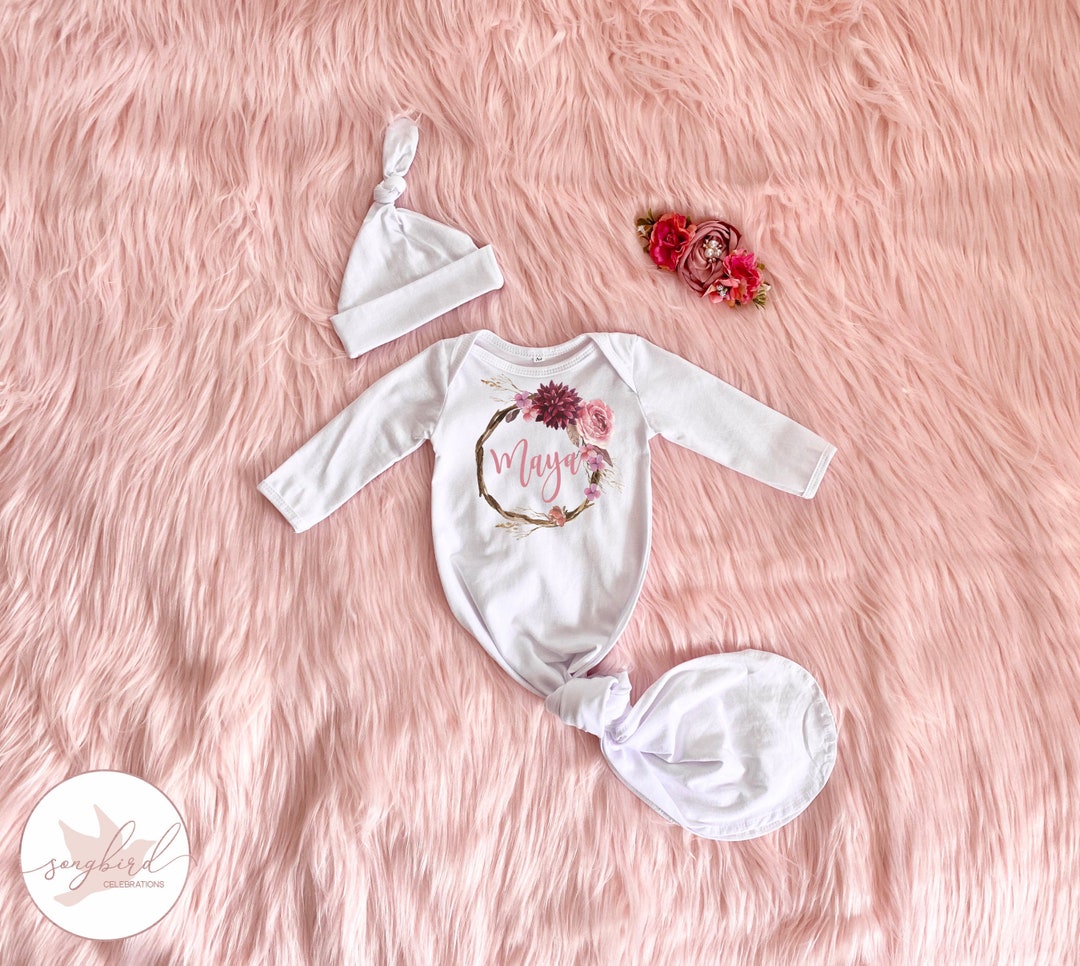 Personalized Knotted Baby Gown With Name, White Blush Pink Mauve Gown ...