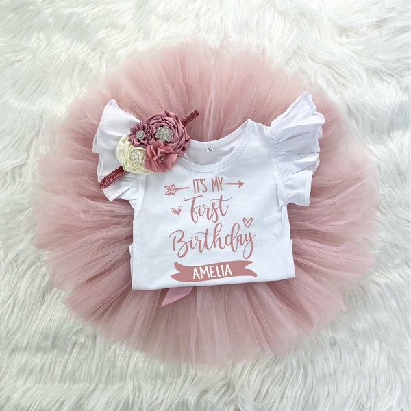 It's My First 1st Birthday Girl Blush Pink and Mauve Tutu Outfit, Vintage Rose Onesie®, Cake Smash Outfit Headband Custom Name Outfit