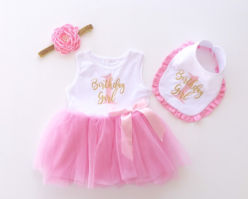 First Birthday Girl Dress, First Birthday Tutu Outfit Girl, Pink and Gold One Tutu Outfit, Cake Smash Outfit Baby Girl, First Birthday Bib image 3
