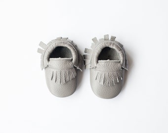 Genuine Leather Grey Fringe Baby Moccasins Mocs Baby Shoes Soft Sole Shoes Toddler Moccasins 1st Birthday Baby Photography