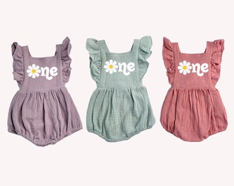 ONE Daisy Retro Groovy Natural Cotton Muslin Romper 1st Birthday Girl Outfit, One Birthday Set , Cake Smash Outfit, Dusty Rose Sage Green