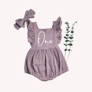 Antique Lavender One Natural Cotton Muslin Romper 1st Birthday Girl Outfit, One Birthday Set Girl, Cake Smash Outfit