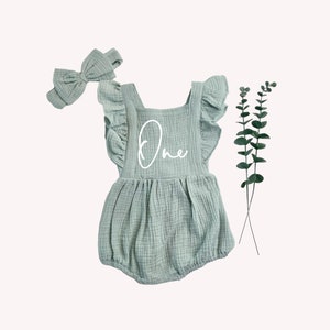 Sage Green One Natural Cotton Muslin Romper 1st Birthday Girl Outfit, One Birthday Set Girl, Cake Smash Outfit,