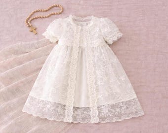 Abito da battesimo per bambina, abito da battesimo in pizzo bianco, abito lungo in pizzo con cuffia, abiti da battesimo in pizzo per bambine