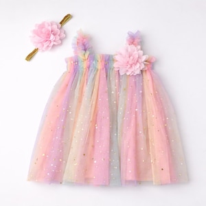 One Pastel Rainbow Tutu Tulle Dress, 1st Birthday Girl Rainbow Gold Star Outfit with Floral Headband, Cake Smash image 5