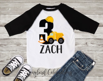 3rd Birthday Boy Construction Shirt Third Birthday Boy Shirt Three Word 3 Dump Truck Shirt Baseball Style Raglan Personalized with Name