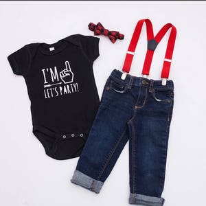 I'm 1 Let's Party Buffalo Plaid Bow Tie Suspenders 1st First Birthday Outfit Boy Lumberjack Party Red Black White Onesie® Cake Smash Boy image 1