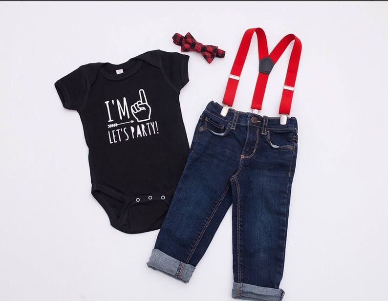 I'm 1 Let's Party Buffalo Plaid Bow Tie Suspenders 1st First Birthday Outfit Boy Lumberjack Party Red Black White Onesie® Cake Smash Boy image 1