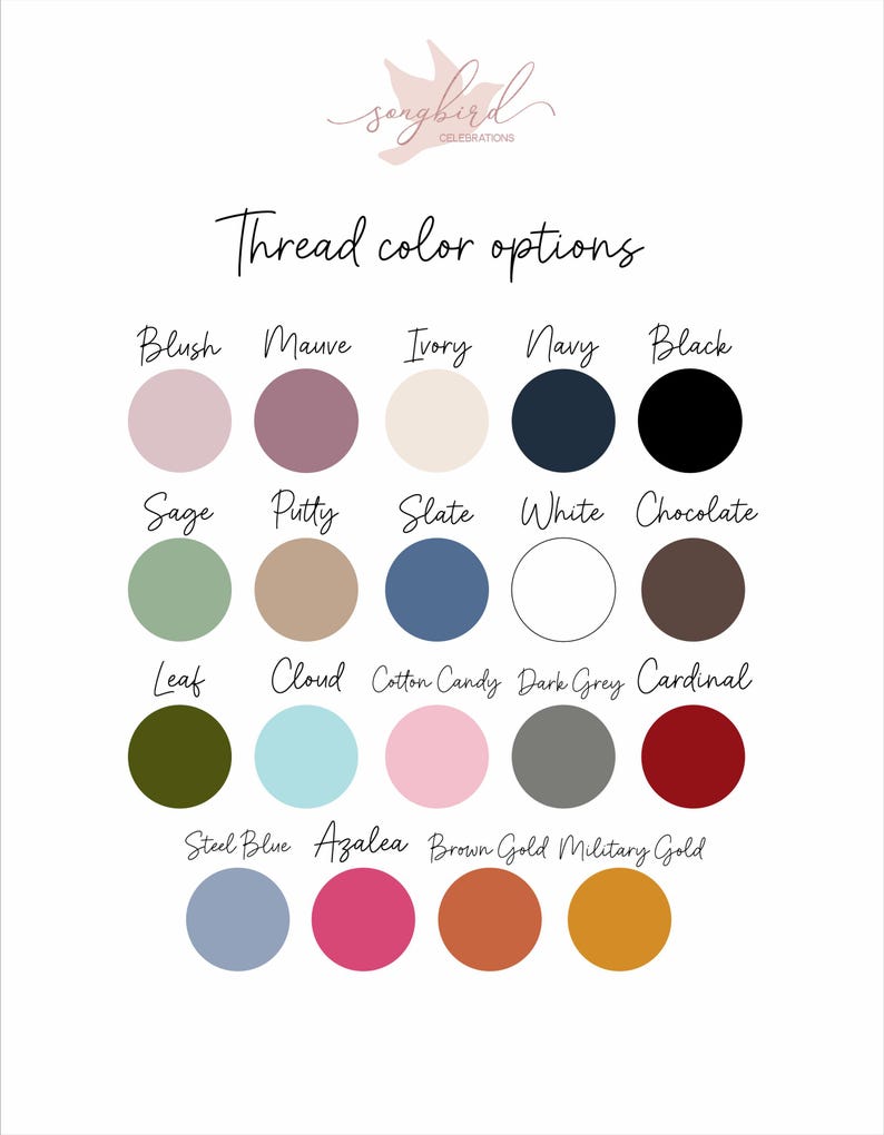 Puede incluir: Una carta de colores titulada Thread color options de Songbird Celebrations con diecinueve muestras circulares en varios colores, incluyendo rubor, malva, marfil, marino, negro, salvia, masilla, pizarra, blanco, chocolate, hoja, nube, algod&oacute;n de az&uacute;car, gris oscuro, cardenal, azul acero, azalea, oro marr&oacute;n y oro militar.