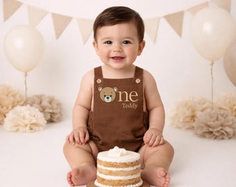 Embroidered Teddy Bear One Brown Corduroy Romper 1st Birthday Boy Outfit, Green Blue Grey Birthday Boy, Cake Smash Outfit