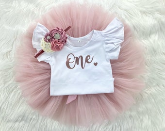 1st Birthday Rose Gold Baby Girl Tutu Outfit, Vintage Rose Onesie® Vintage Pink One Tutu Outfit Cake Smash Shirt Bodysuit Headband