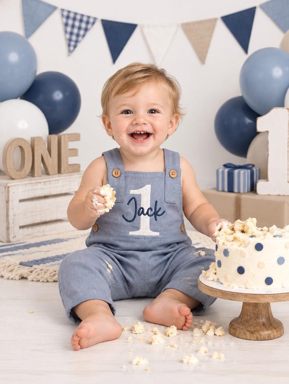 Embroidered 1st Birthday Boy Personalized Blue Linen Overalls Romper & Crown  | First Birthday Boy Outfit Cake Smash Outfit with Name