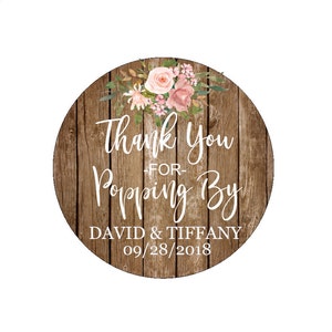 Thank You For Popping By Popcorn Wedding Favor Stickers Blush Pink White Rose Floral Rustic Wood Favour Wedding Labels Tags Thank You Labels