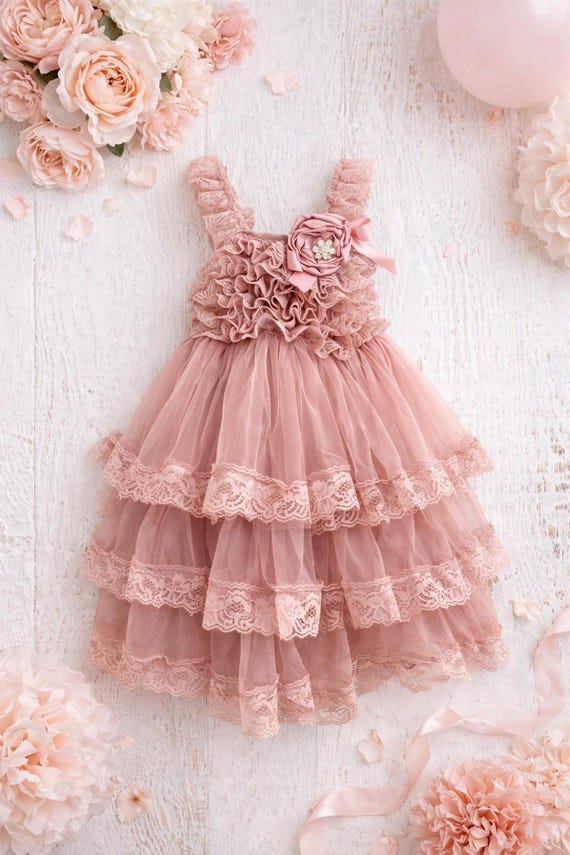 birthday dress lace Dusty Rose 1st | Baby Girl Cake Smash Outfit with Flower Detail Size:30J Photo Props Gown Style:23904Y Open Back Flare Mini