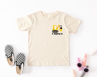 4th Birthday Boy Construction Shirt, I'm 4 and Digging it, Fourth Birthday Boy Shirt, Four Excavator, Personalized with Name, Natural Tan
