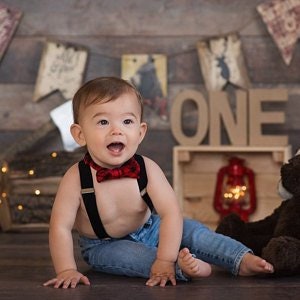 I'm 1 Let's Party Buffalo Plaid Bow Tie Suspenders 1st First Birthday Outfit Boy Lumberjack Party Red Black White Onesie® Cake Smash Boy image 2