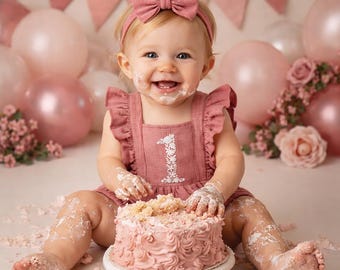 1 Floral Embroidered Natural Cotton Muslin Romper 1st Birthday Girl Outfit, Boho Floral First, Cake Smash Outfit, Dusty Rose, Pastel Colors