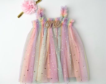 One Pastel Rainbow Tutu Tulle Dress, 1st Birthday Girl Rainbow Gold Star Outfit with Floral Headband, Cake Smash