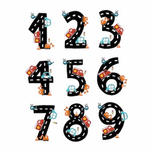 May include: Nine black numbers, 1 through 9, with a road design. Each number has a different vehicle on it, including a police car, fire truck, helicopter, and construction vehicle.