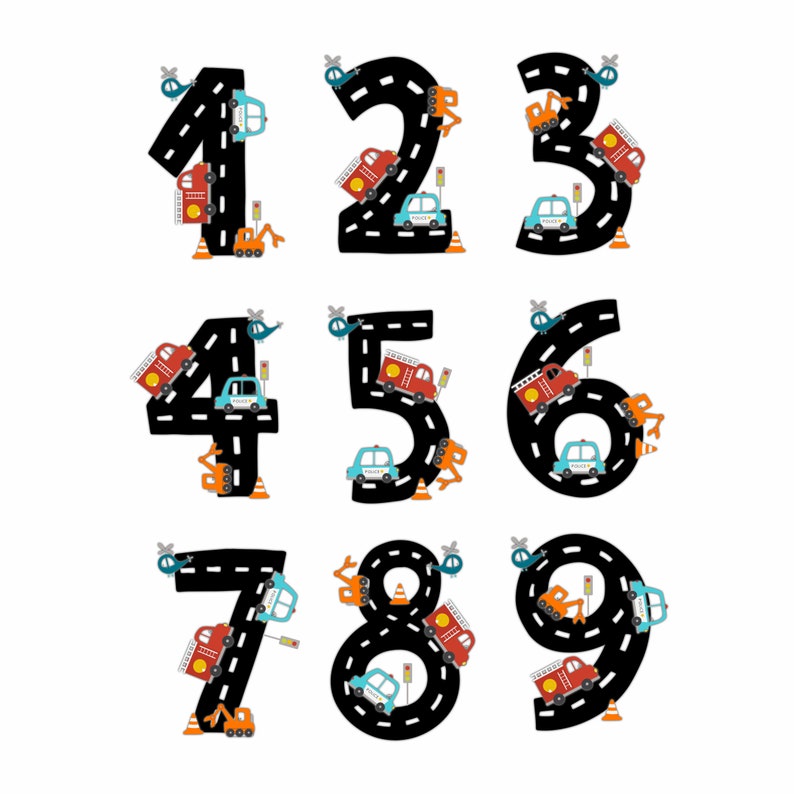 May include: Nine black numbers, 1 through 9, with a road design. Each number has a different vehicle on it, including a police car, fire truck, helicopter, and construction vehicle.