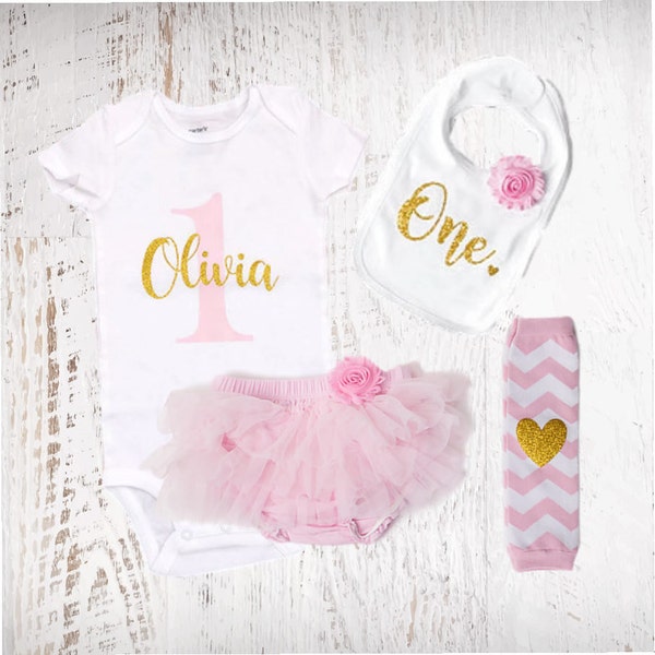 Personalized Name 1st Birthday Girl Onesie® Outfit Pink & Gold Girl One Tutu Bloomers Outfit Cake Smash Shirt Bodysuit Headband Bib