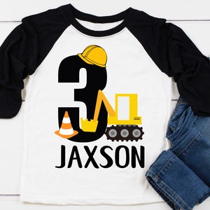 3rd Birthday Boy Construction Shirt Third Birthday Boy Shirt Three Word 3 Excavator Shirt Baseball Style Raglan Personalized with Name image 2