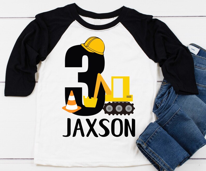 3rd Birthday Boy Construction Shirt Third Birthday Boy Shirt Three Word 3 Excavator Shirt Baseball Style Raglan Personalized with Name image 2