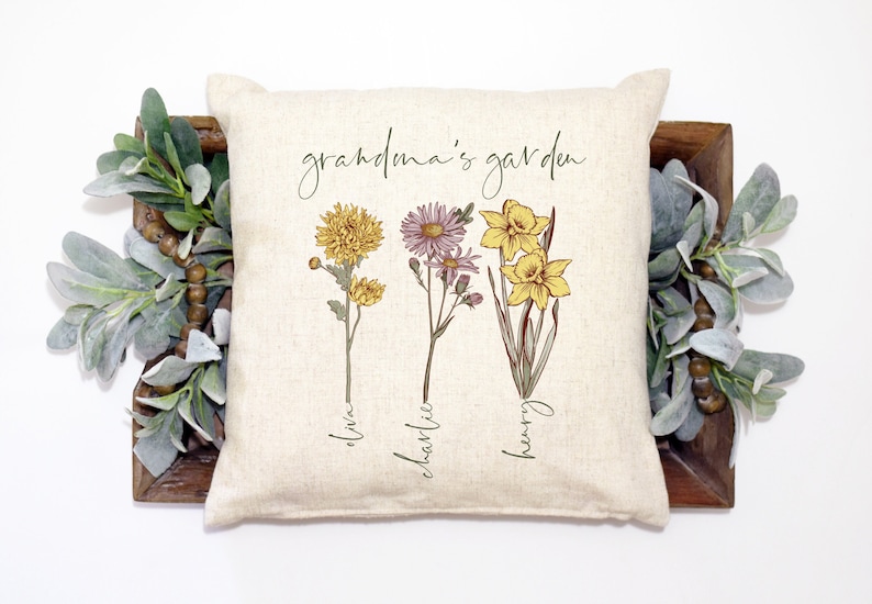 Grandma's Garden Personalized Birth Flower Birth Month Pillow Cover, Custom Mother's Day Pillow Cover, Mothers Day Gift image 1