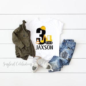 3rd Birthday Boy Construction Shirt Third Birthday Boy Shirt Three Word 3 Excavator Shirt Baseball Style Raglan Personalized with Name image 3