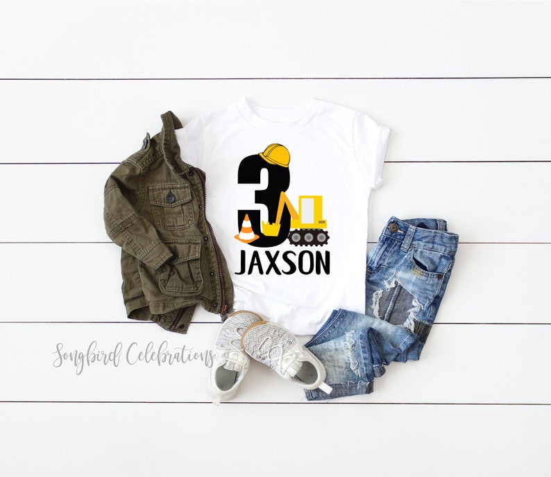 3rd Birthday Boy Construction Shirt Third Birthday Boy Shirt Three Word 3 Excavator Shirt Baseball Style Raglan Personalized with Name image 3