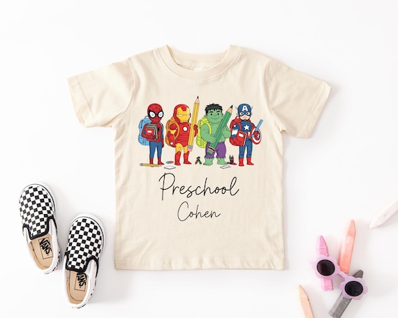 Personalized Superhero Back to School Boys Preschool Shirt, First Day of School Boy Pencil Case, First Day Preschool, Natural Beige