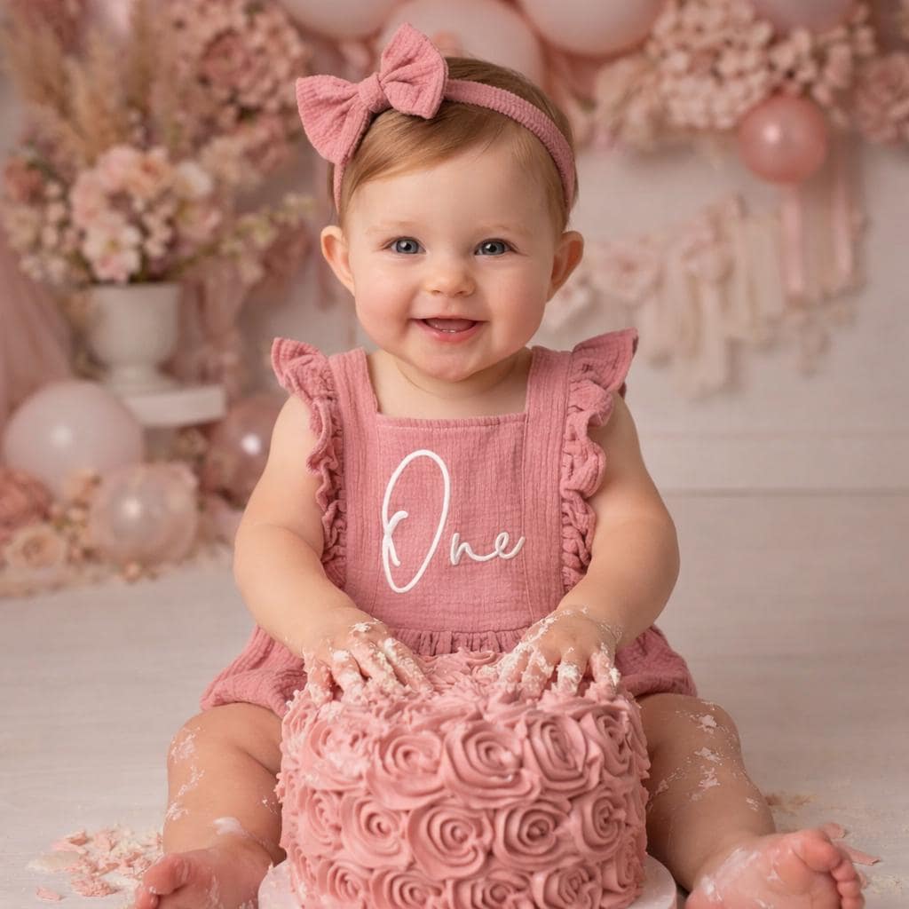 Embroidered One Romper Natural Cotton Muslin Romper 1st Birthday Girl Outfit Birthday Cake Smash Set Girl