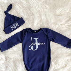 Personalized Knotted Baby Gown With Name, Navy Blue Gown Boy Baby Shower Gift, Coming Home Outfit Hospital Outfit, Newborn Gift for New Mom image 7