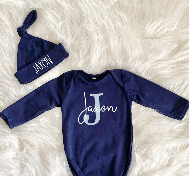 Personalized Knotted Baby Gown With Name Navy Blue Gown Boy Etsy