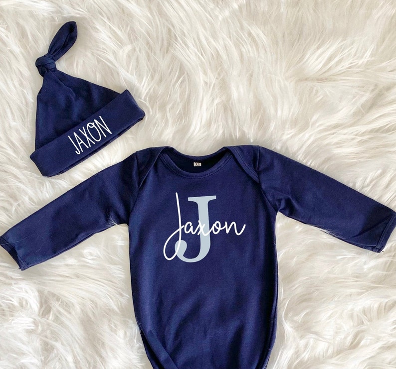 Personalized Knotted Baby Gown With Name, Navy Blue Gown Boy Baby Shower Gift, Coming Home Outfit Hospital Outfit, Newborn Gift for New Mom image 7