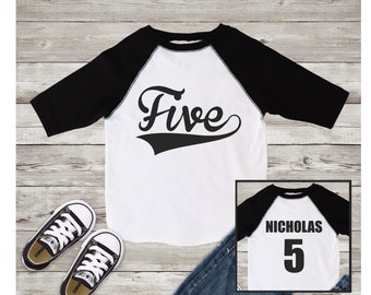 5th Birthday Boy Shirt FIFTH Birthday Boy Shirt Five Word 5 Shirt Baseball Raglan Jersey Style Personalized Name and Number on Back Forth
