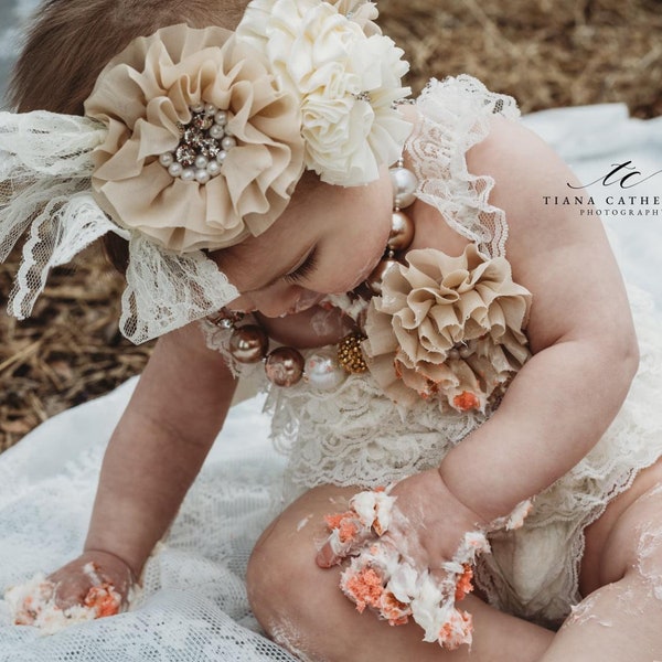 Ivory Lace Romper 1st Birthday Girl Outfit Baby Headband Flower Girl Cake Smash Easter Outfit Baby Girl Vintage Style Heritage Collection