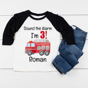 FIRE TRUCK 3rd Birthday Boy Shirt, Third Birthday Boys Baseball Raglan, Birthday Onesie® Firetruck Party, Personalized with Name and Number image 1