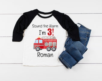 FIRE TRUCK 3rd Birthday Boy Shirt, Third Birthday Boys Baseball Raglan, Birthday Onesie® Firetruck Party, Personalized with Name and Number