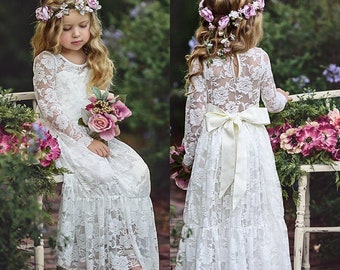 Long Sleeve Lace Flower Girl Dress, Boho Flower Girl Dress, Boho Flower Girl Headband