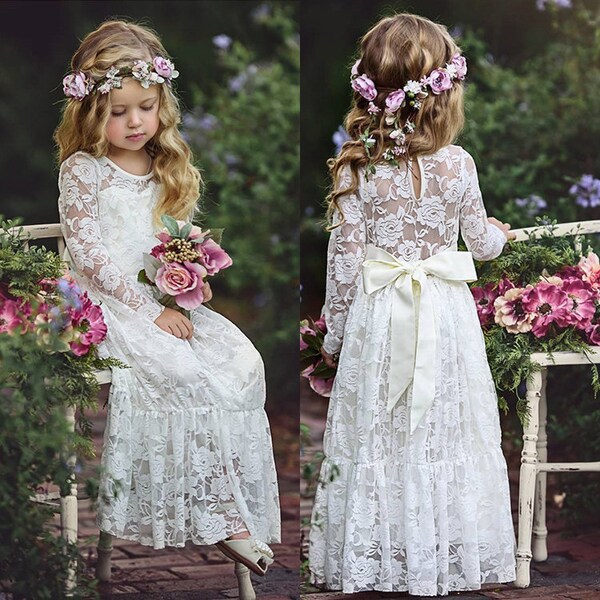 Robe fille à fleurs en dentelle à manches longues, robe de fille à fleurs boho, bandeau de fille à fleurs boho