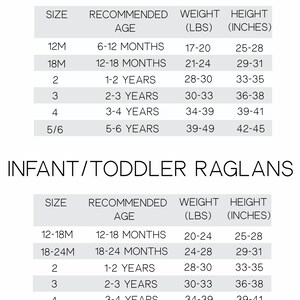 May include: Size chart for infant and toddler t-shirts and raglan shirts. The chart lists recommended age, weight in pounds, and height in inches for each size.