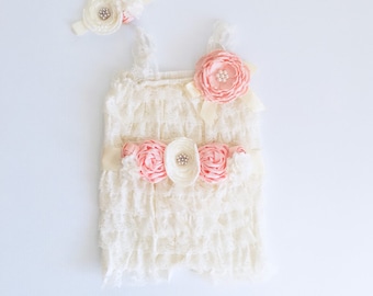 Ivory Peach Lace Romper 1st Birthday Girl Outfit Baby Headband Flower Girl Cake Smash Easter Outfit Baby Girl Vintage Style Heritage