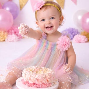 Un vestido tutú de tul con arcoíris pastel, conjunto de estrella dorada arcoíris para niña de 1er cumpleaños con diadema floral, sesión de fotos de pastel.