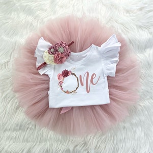 One Floral Wreath 1st Birthday Girl Mauve Rose Gold Tutu Outfit, Vintage Rose Bodysuit, Cake Smash Shirt Set