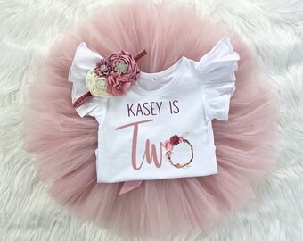 Personalized Two Floral Wreath 2nd Birthday Girl Mauve Rose Gold Tutu Outfit, Vintage Rose Onesie®, Cake Smash Shirt Set, Second Birthday