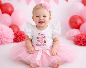 Berry 1st Birthday Strawberry First Birthday Tutu Outfit Girl , 1st Birthday Pink Strawberry One Onesie®, Bodysuit Cake Smash Outfit
