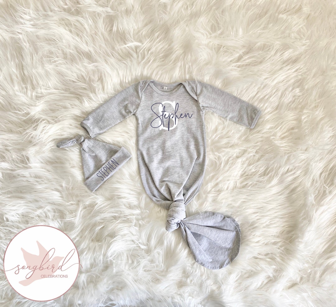 Personalized Knotted Baby Gown With Name, Grey Gray Navy Blue Gown